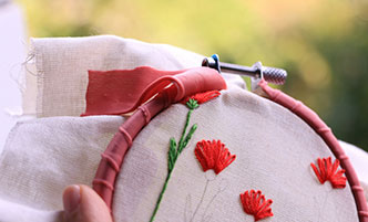 Floral embroidery project secured inside a craft hoop.